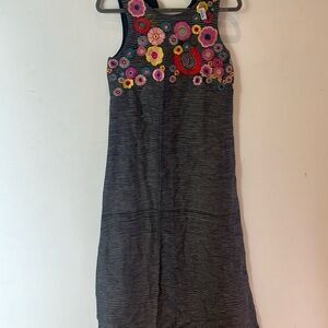 Anthropology Duet Embroidered Bright Flowers Navy White Stripe Cotton Maxi Dress